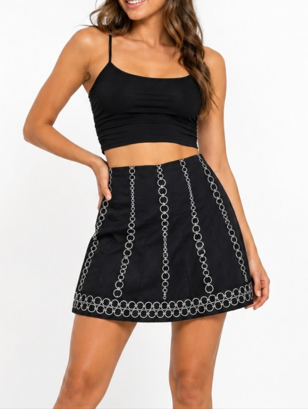 Ann Taylor~Woman Skirt 0~Black/Silver Embroidered Flare Cotton Skirt Fully Lined